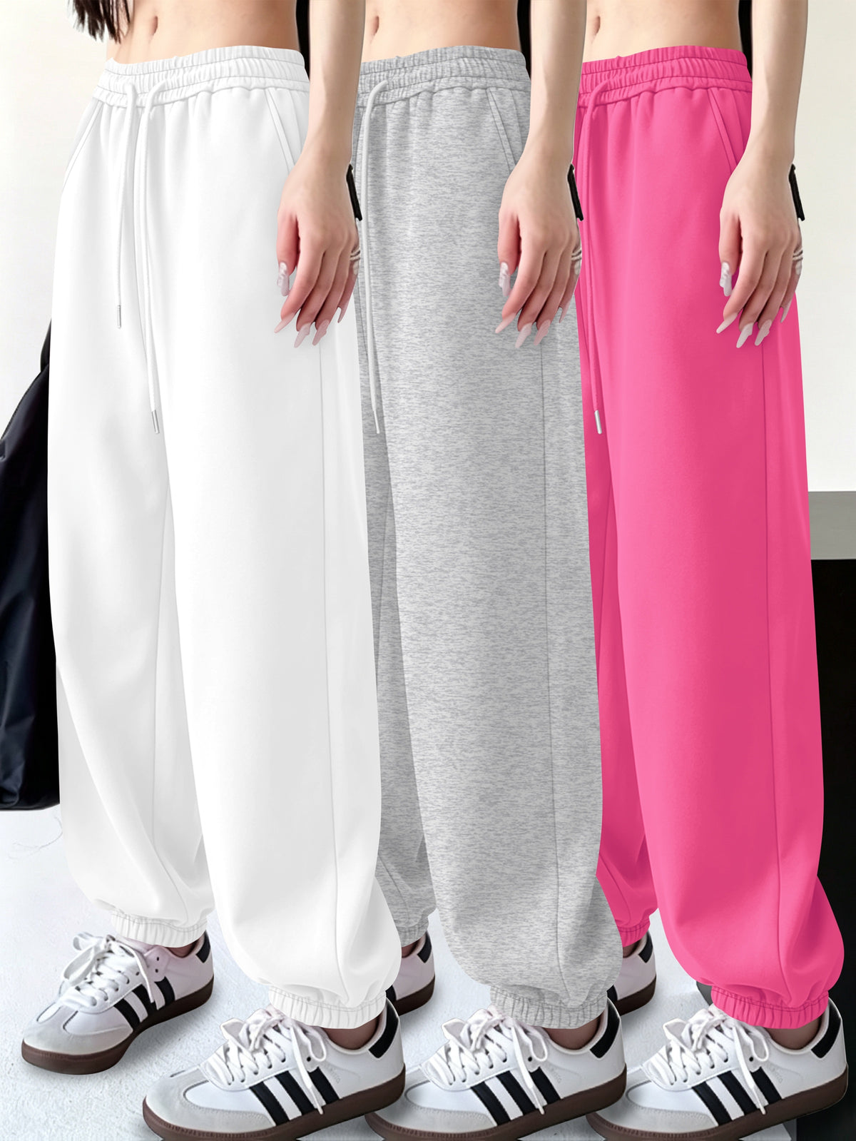 3pcs Set Halloween Casual Long Pants Elastic Waistband Pants, Warm Elastic Waistband Casual Trousers for Women's Outerwear in Fall/Winter - White+gray+pink