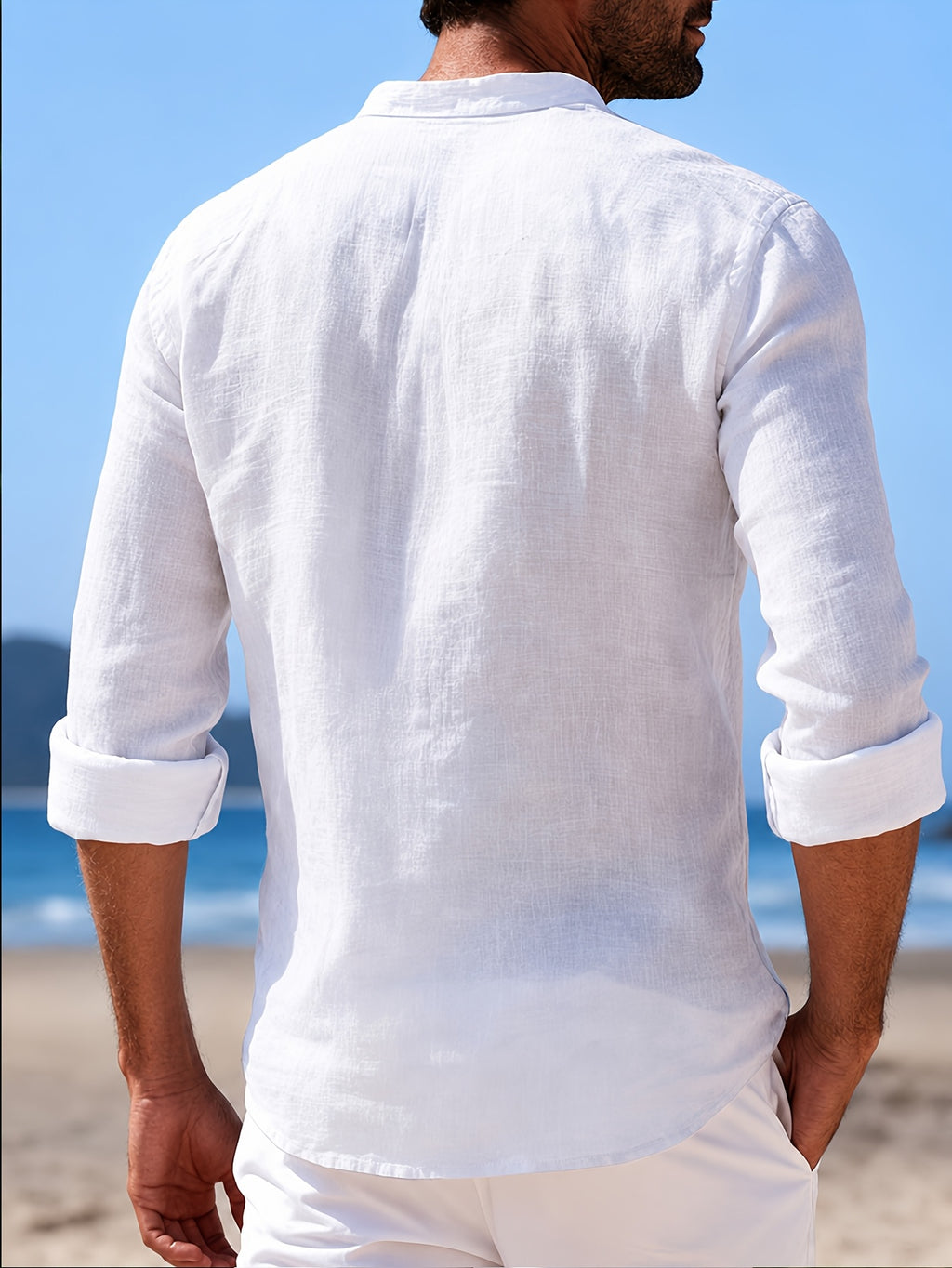 Men's 100% Pure Cotton Lapel Button-Up Long Sleeve Shirt, 2pcs Set. A Versatile Casual Top for Spring and Autumn, Suitable for Daily Wear. The Fabric Is Comfortable and Breathable, Making It Perfect for Beach Vacations and Everyday Outings - Black+White