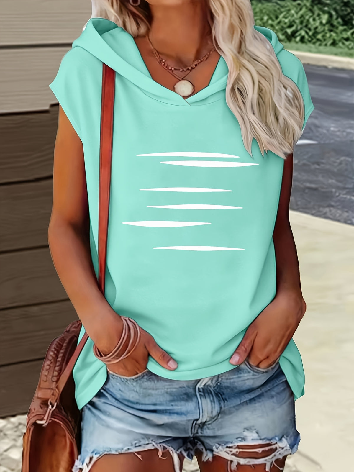 1pc Hooded Top Easy Line Design Casual All-Match Style Summer New Y2K Style Women'S Casual Athletic Wear Elegant Fashion Comfortable T-Shirt Top - Cyan