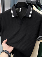 Men'S Scissor Collar Sweater, Summer Short Sleeve Breathable Knit Top, Contrast Striped Collar Design, Casual Knit Top, Summer Thin Breathable V-Neck Short Sleeve T-Shirt, Men'S Top - Black