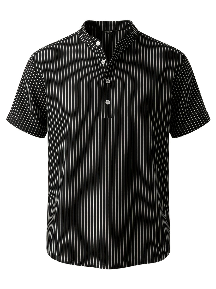 1pc Men'S Striped Short-Sleeve Henley Shirt, Lightweight Breathable Half-Button Casual Top, Linen Blend Regular Fit, Multi-Color Available, Suitable for Daily Wear, Travel, Vacation, And Home Leisure - Black