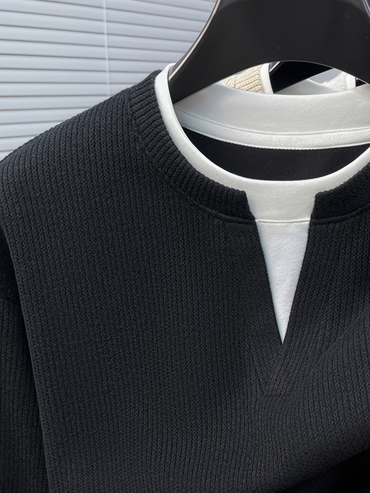 Men's Vertical Stripe V-Neck 2-in-1 Look Long-Sleeve Pullover Top, Regular Shoulder Long Sleeves, Ribbed Cuffs and Hem, Can Be Worn Alone or as a Layering Piece - SINBOS - Blue Black