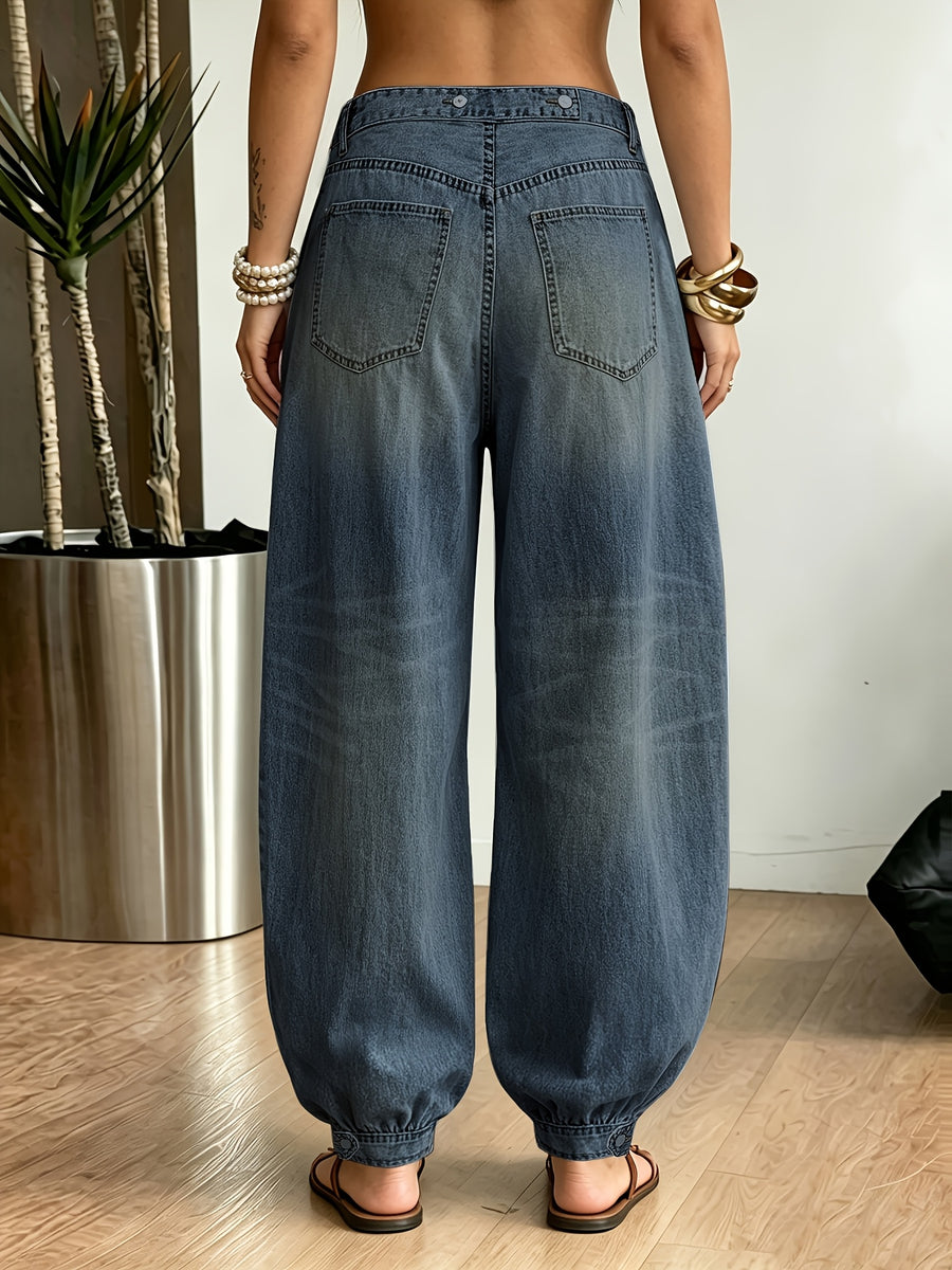 2026 New Light Blue Balloon Leg Denim Pants, Vintage Washed Oversized Barrel Jeans for Women, Elastic Hem Casual Trousers for Daily Wear - Medium Blue