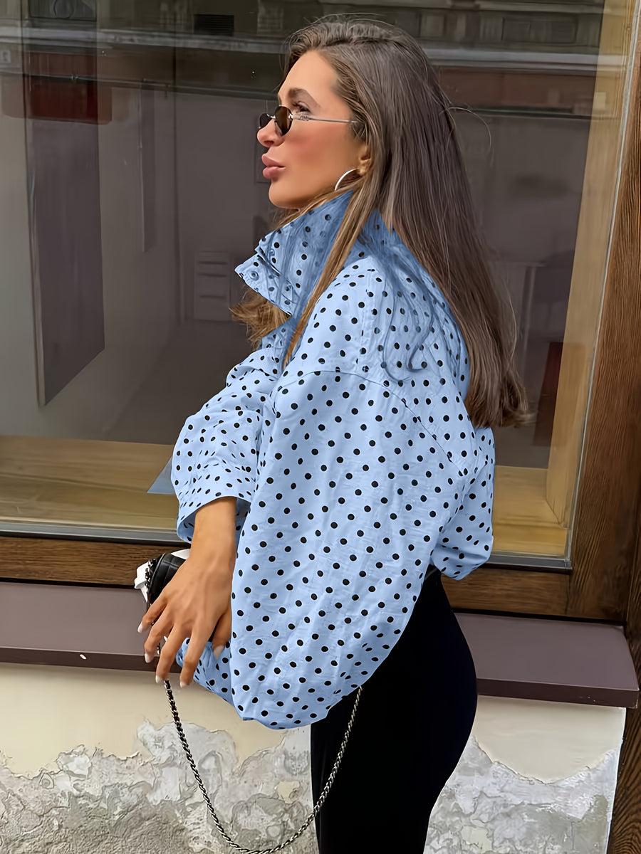 Women's Casual Polka Dot Long Sleeve Loose Fit Jacket, Spring Fashion Stand Collar Zipper Outerwear - Blue