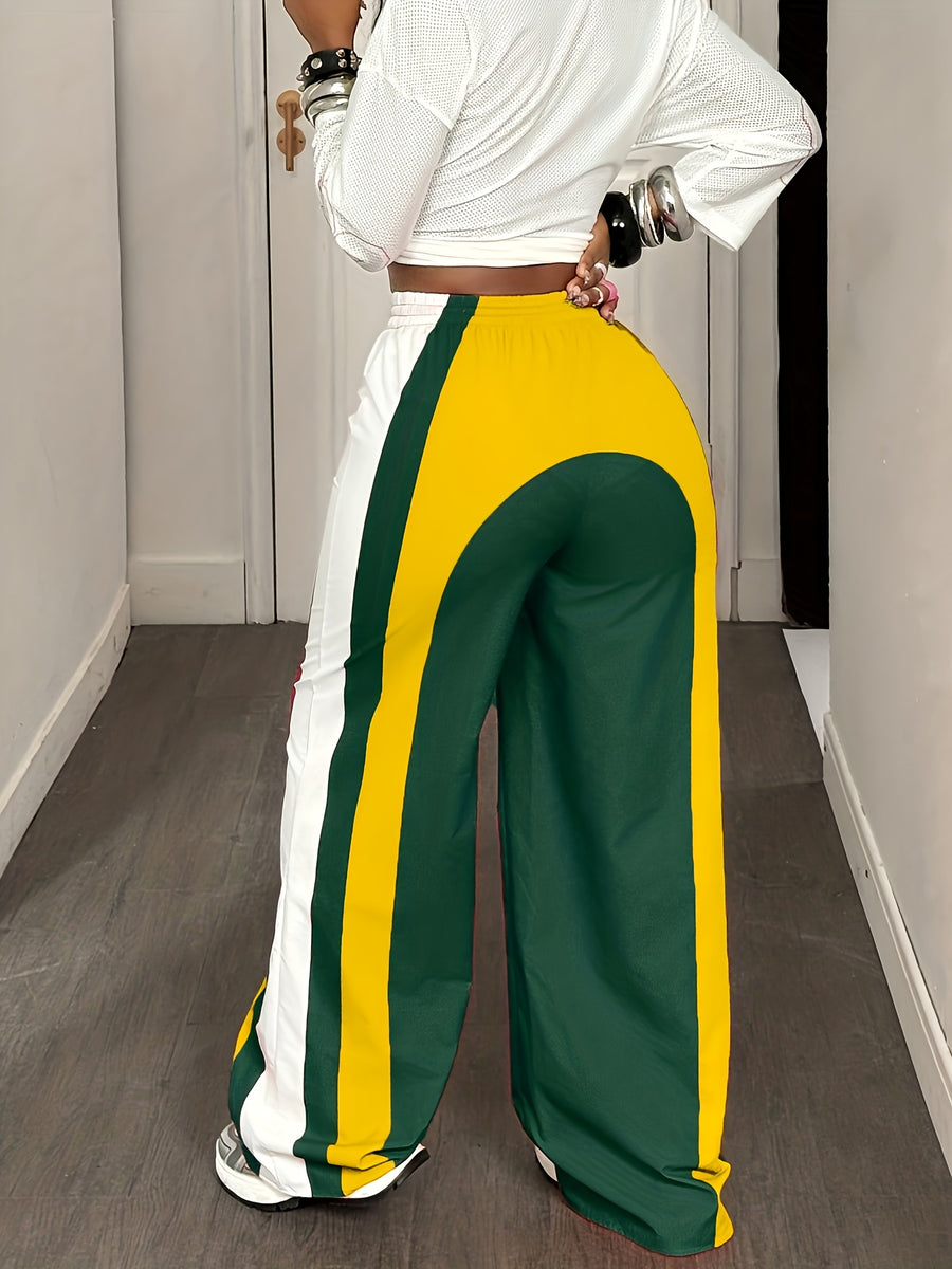 Wide- Loose-Fit Pants with Elastic Drawstring Waist & Full-Length - Wide- Trousers Suitable for Outdoor, Casual Wear - - Color Trousers (No Stretch Fabric) - Multicolor