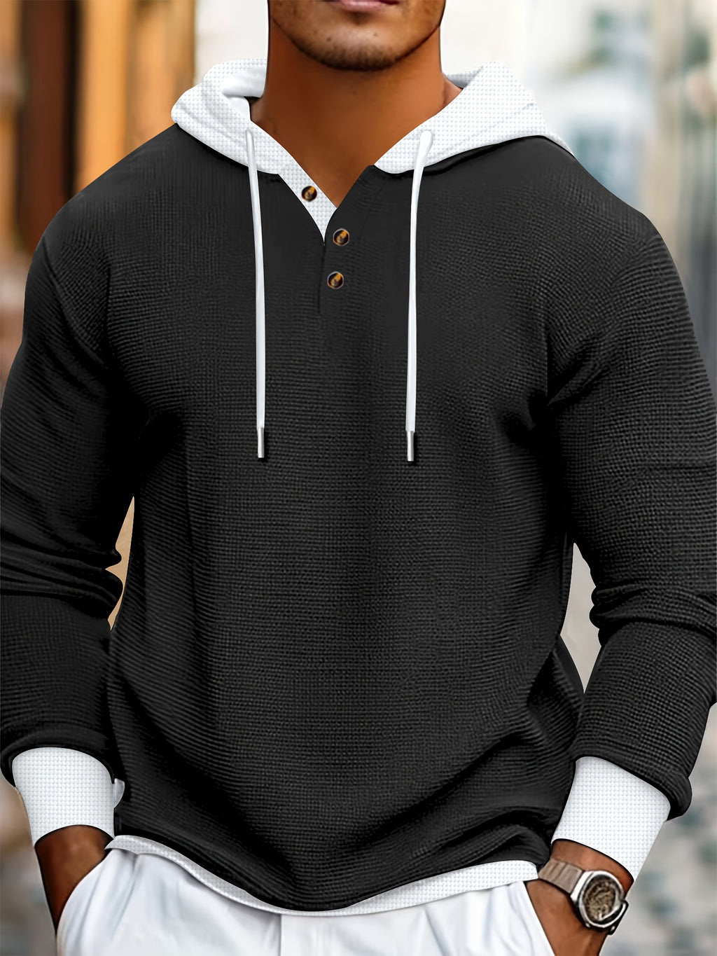 Men'S Casual Sports Hooded Shirt Fashionable Sweater Contrast Color Stitching Spring Long-Sleeved Outdoor Versatile Two-Piece T-Shirt - Navy Blue+Black