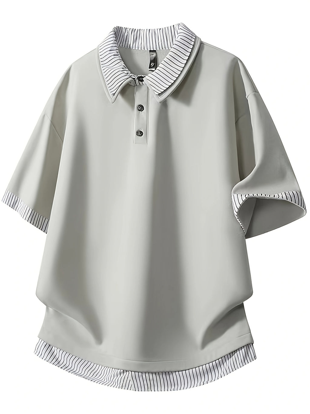 Men's Summer Color-Block Striped Patchwork 2-in-1 Look Polo Shirt, Unisex Loose Fit Tummy Control Draped Casual Short Sleeve T-Shirt - Khaki