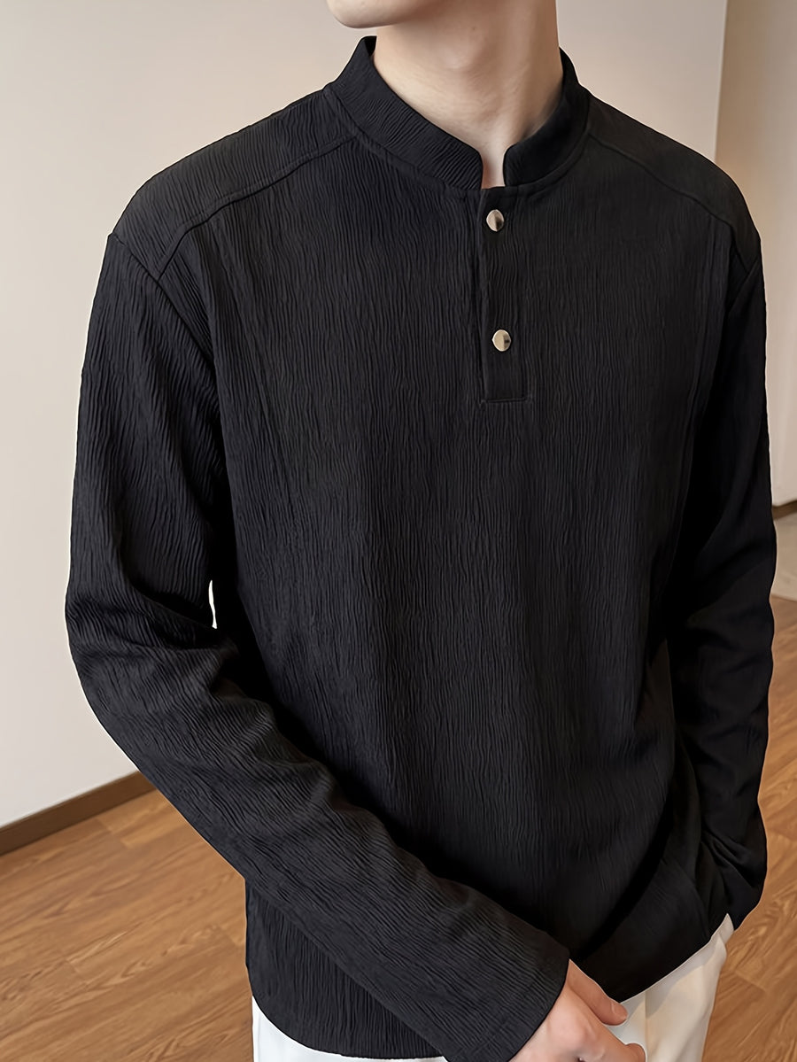 Men'S Korean Style Cool Texture Henley Long Sleeve T-Shirt, Flowing Breathable Drop Shoulder Solid Color Casual Pullover, Suitable for Spring/Autumn Campus Shopping Short Trips - Black