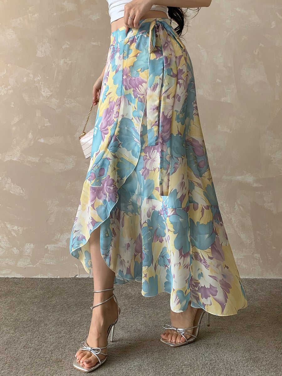 Women'S Elegant Snowflake Print Chiffon Ruffle Hem A-Line Dress, Summer, Back to Season Outfit - Lake Blue