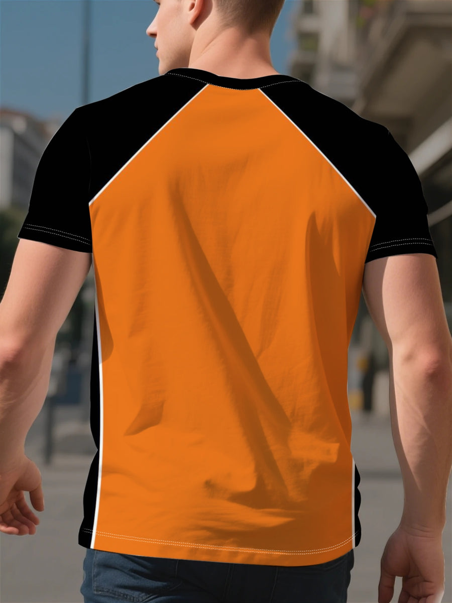 Men's Orange and Black Contrast Color Raglan Short Sleeve T-Shirt, Summer Casual Top, Skin-Friendly and Machine Washable - Mixed colors