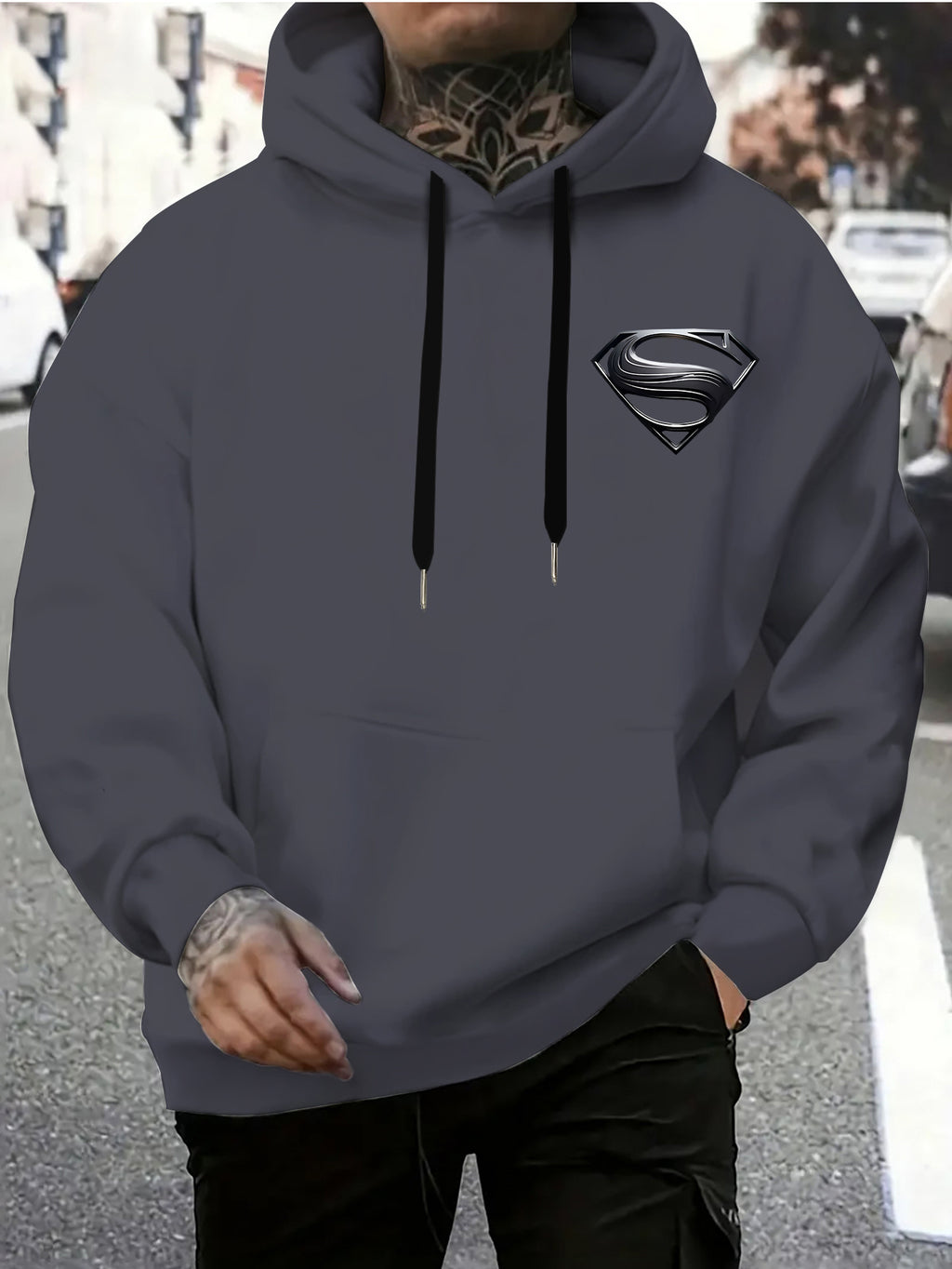 WB Warner Men'S New Trendy Hoodie, Superman Classic Logo Printed Design Hoodie, Daily Casual Drawstring Hoodie, Long Sleeve Hoodie, Machine Washable, Multifunctional Sports And Leisure Loose Fit Men'S Hoodie - Dark Gray