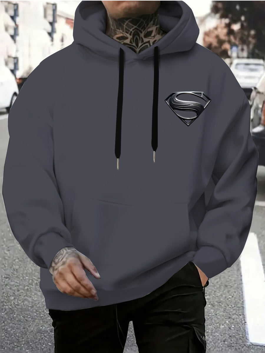 WB Warner Men'S New Trendy Hoodie, Superman Classic Logo Printed Design Hoodie, Daily Casual Drawstring Hoodie, Long Sleeve Hoodie, Machine Washable, Multifunctional Sports And Leisure Loose Fit Men'S Hoodie - Dark Gray