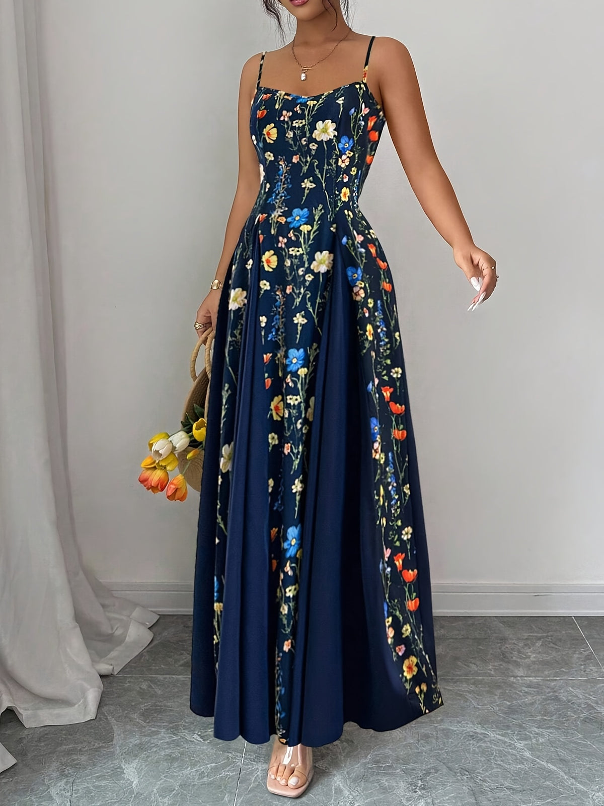 Spring And Summer New Elegant Resort European And American Fashion Trend Casual Women'S Clothing Floral Print Sleeveless Square Neck Suspender Dress - Navy Color