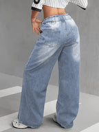 Women'S High Waist Loose Fit Wide Leg Jeans - Street Style, Slant Pockets, Elasticated Drawstring Waist, Non-Stretch Fabric, Perfect for Casual Attire, Casual Pants, Flowy Pants, Nonstretch Fabric - Light Blue