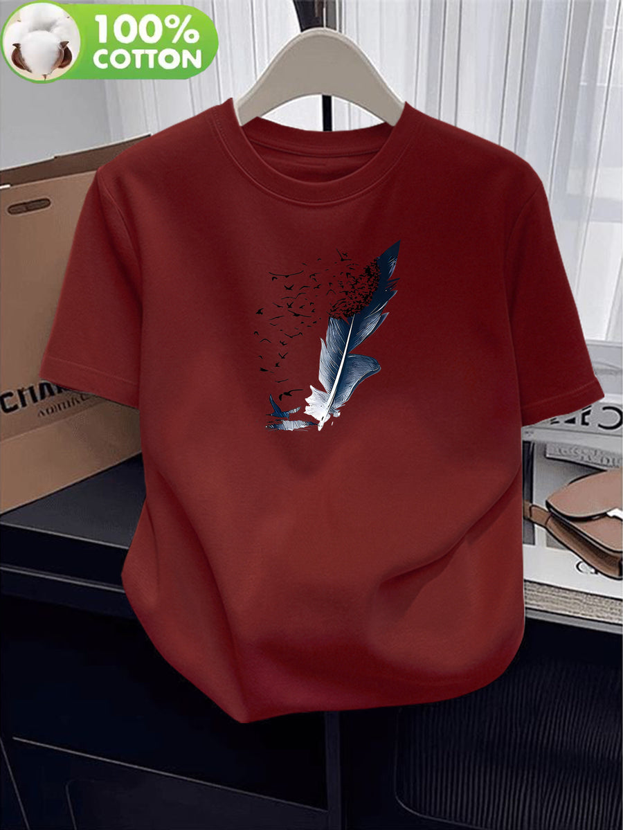 100% Women's T-Shirt, Summer Short-Sleeve Lightweight Top, Trendy and Fashionable Standard Fit, Casual and Versatile, Breathable and Comfortable, Pattern with Flying Bird Elements, Simple, Elegant, and Full of Personality - Burgundy