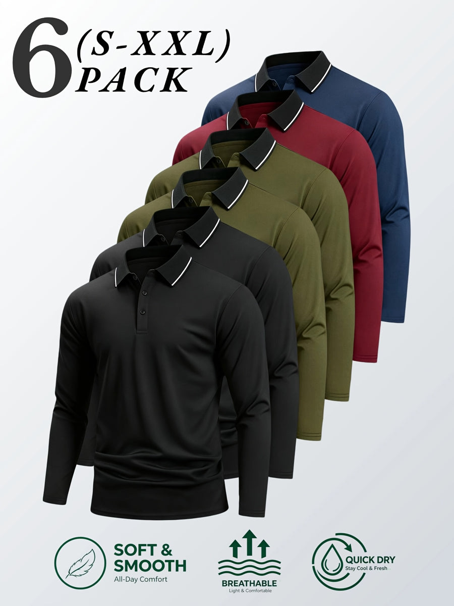 6pcs/Set Striped Lapel Long Sleeve Casual Sports Mesh Quick-Dry Breathable Comfortable POLO Shirt Basic Solid Color - Black 2+Green 2+Red+Navy Blue