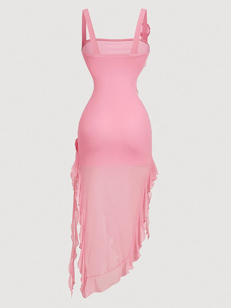 Soft and Sweet Peach Pink Mesh Dress, Long Gown for Vacation and Dates - Pink