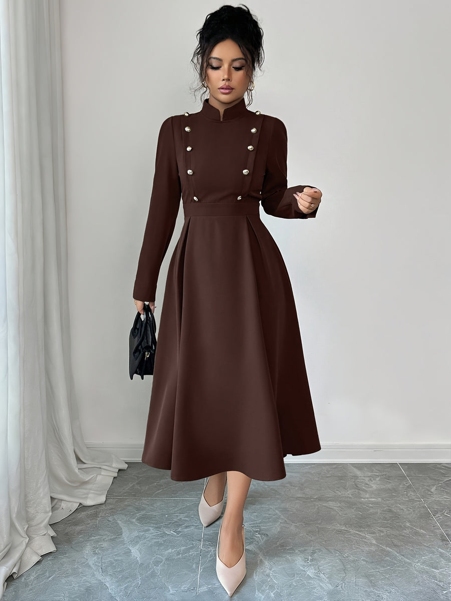 Women's Spring and Autumn Elegant Commuter Fashion Double-Breasted Decorative Long Sleeve Waist-Cinching Long Dress - Dark Coffee Color