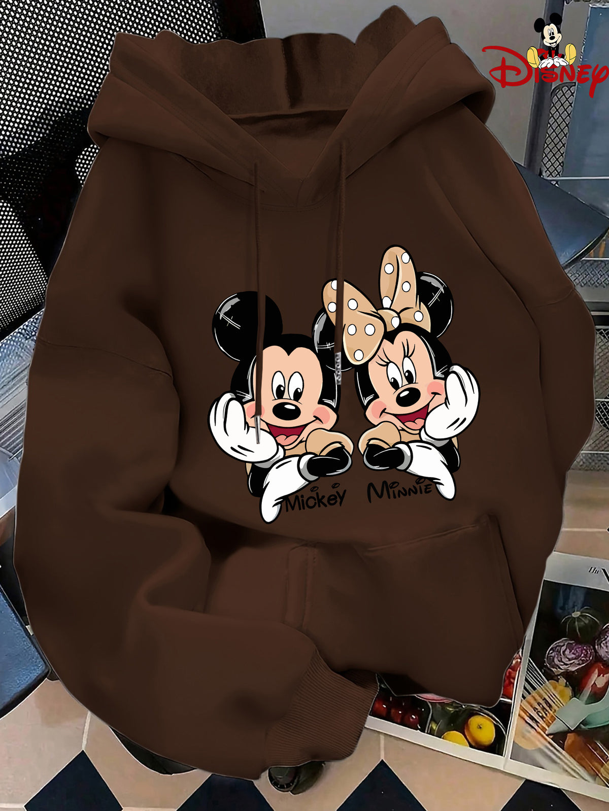Cute Style Mickey Minnie Face Print Japanese Hooded Sweatshirt, Casual Comfortable Kangaroo Pocket Pullover Top - Coffee Brown