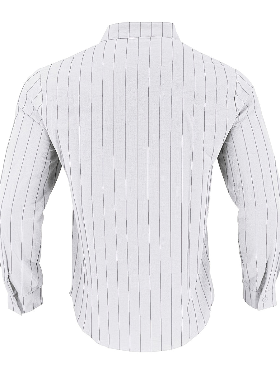American Spring and Summer Linen Jacquard Striped Loose Casual Stand Collar Long Sleeved Pocket Men's Commuting Trend Shirt - White