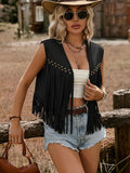 Women'S Casual Solid Color Edge Detail Tassel Vest - Black