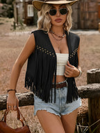 Women'S Casual Solid Color Edge Detail Tassel Vest - Black