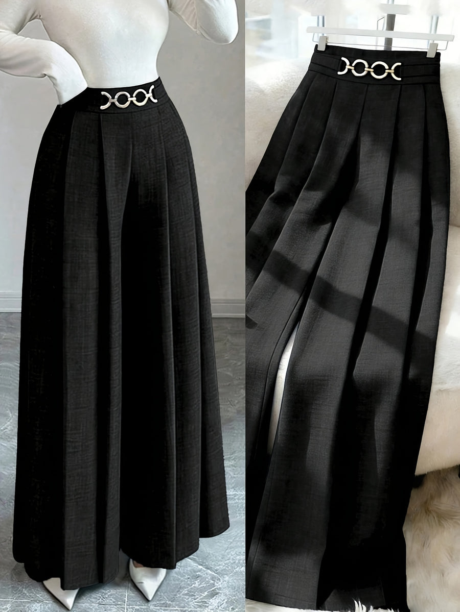 New Women'S High-Waist Metallic Button-Design Wide-Leg Pants, Elegant Casual Daily Wear - Black