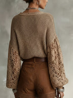 Women's V-Neck Lace Sleeve Sweater, Soft Fabric, Versatile Pullover for Daily Commuting - Dark Brown