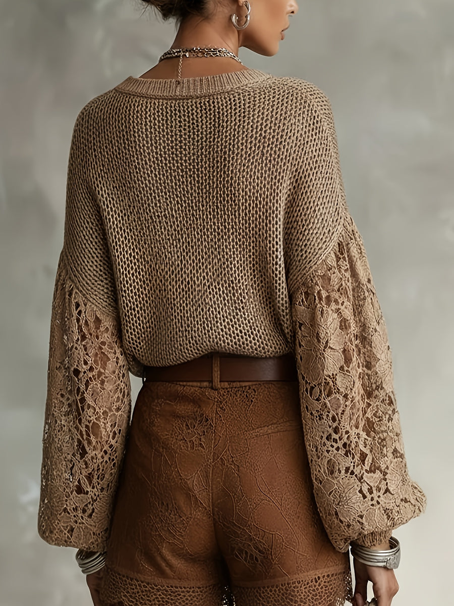 Women's V-Neck Lace Sleeve Sweater, Soft Fabric, Versatile Pullover for Daily Commuting - Dark Brown