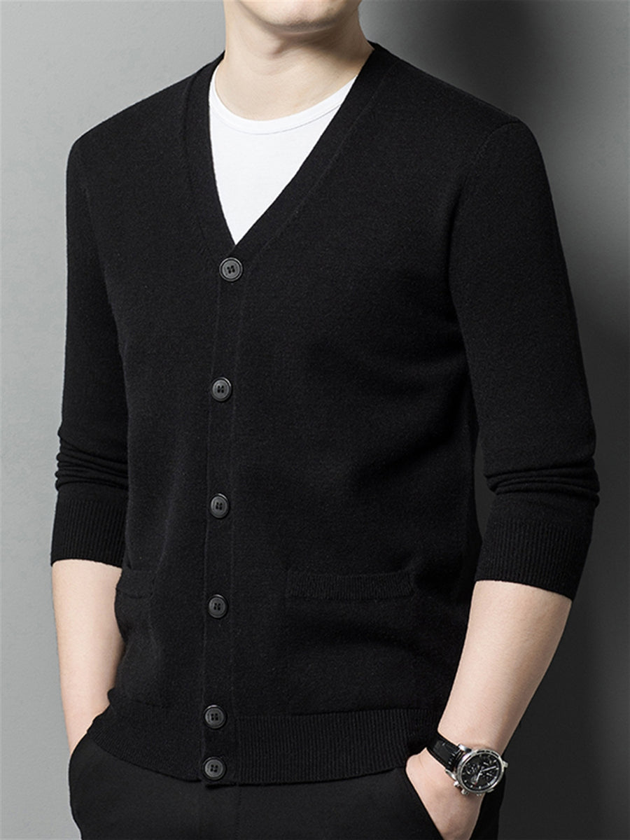 Autumn Winter Knit 3D Solid Color V-Neck Sweater, Basic Knit Cardigan for Men, Fashionable Long Sleeve Sweater, Cangyuan Y - Black