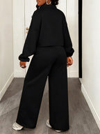 Women's Solid Color Long Sleeve Zip-Up Top and Wide Leg Pants Casual 2pcs Set, Daily Casual Sportswear Outfit - Black