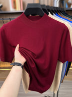 [Wading Whale OBM] 1pc Spring Summer New Men'S Knit Pullover Sweater, Old Money Style Textured Solid Color Short Sleeve T-Shirt, Casual Fashion Thin Breathable Ribbed Pullover Sweater Base Layer Top, Suitable for Spring And Summer Wear - Burgundy