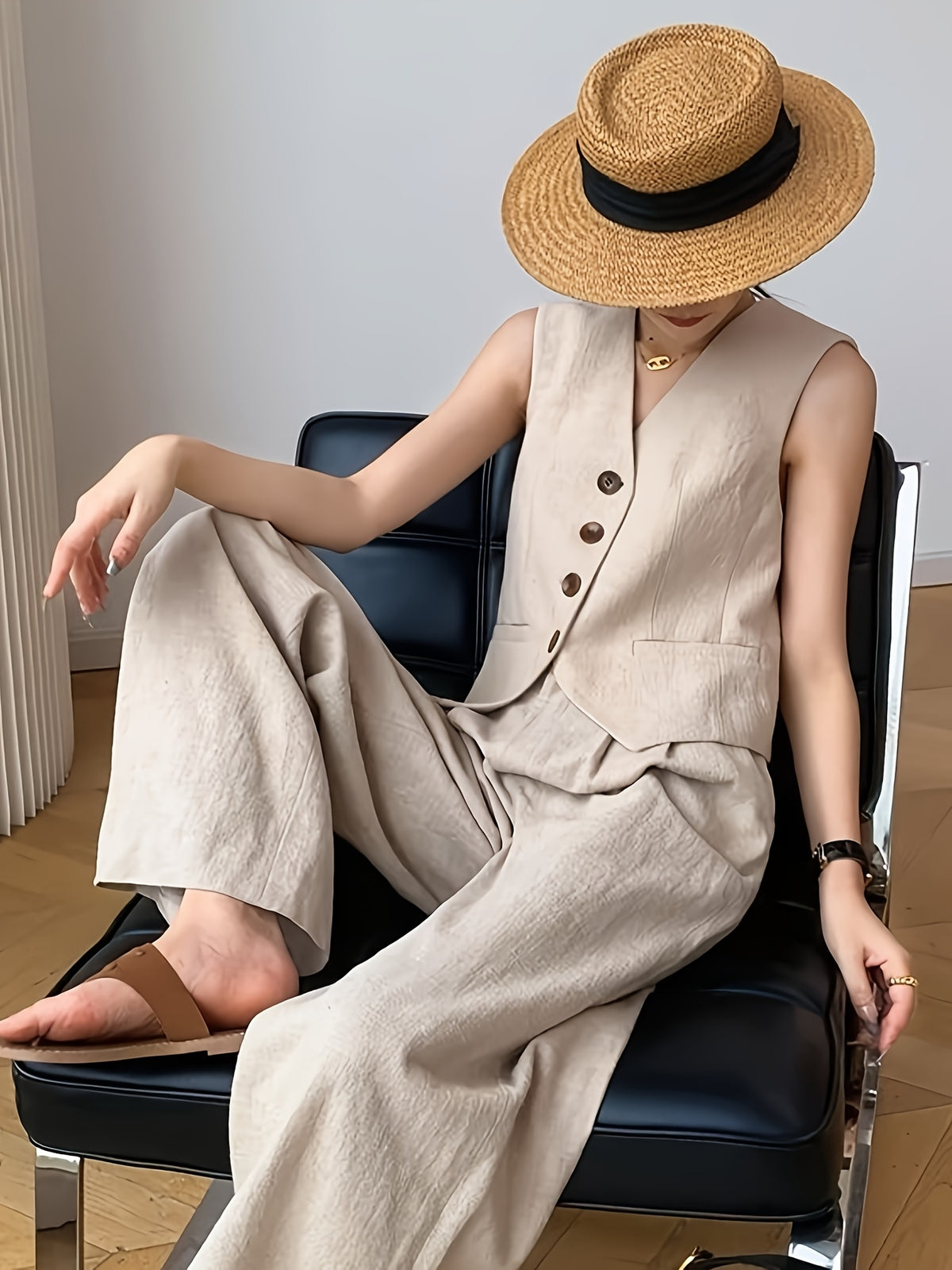 Stylish And High-End Two-Piece Set, Sleeveless Suit Vest Wide-Leg Pants, Casual And for Spring And Summer - Camel