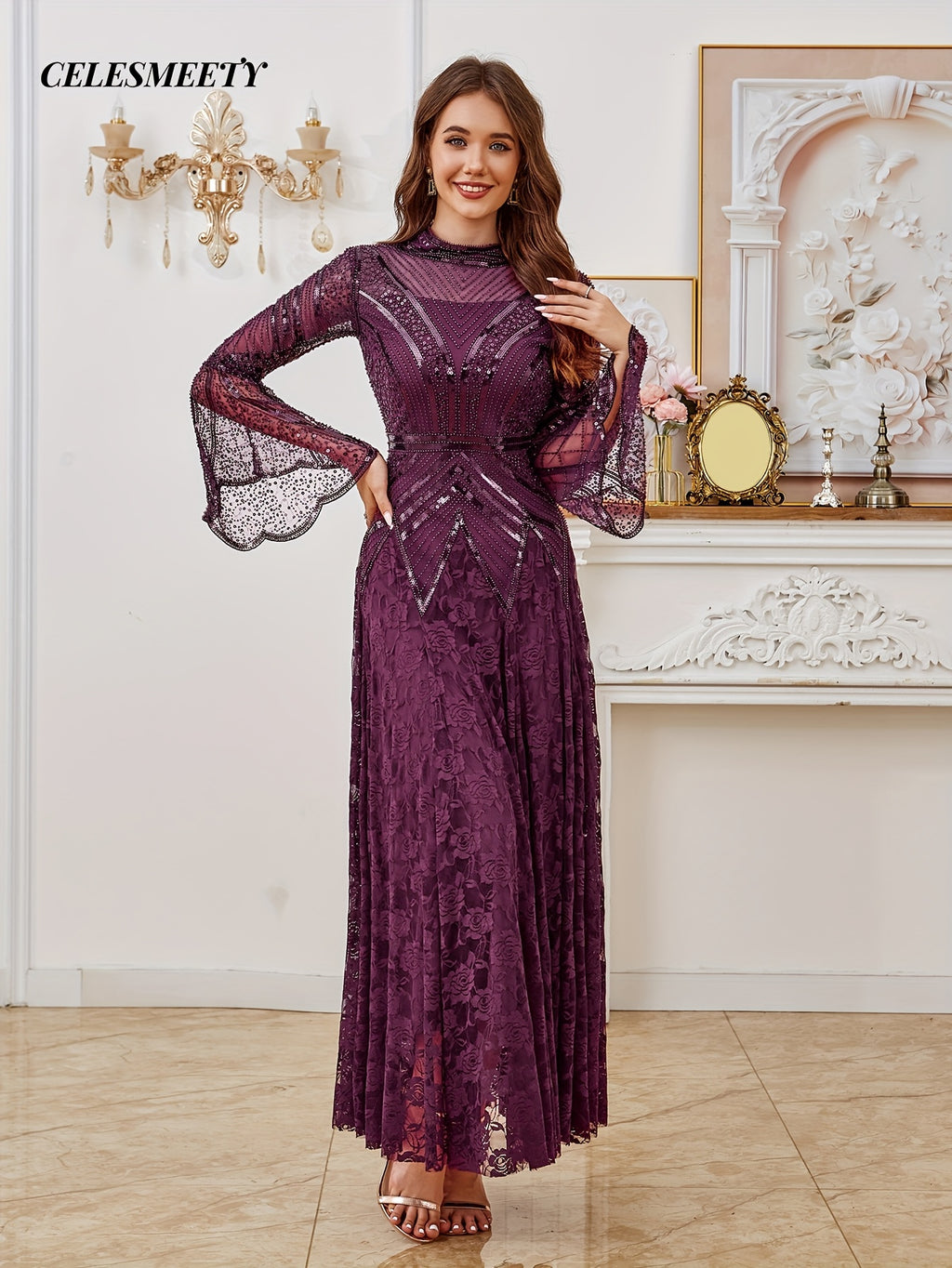 Elegant and Stylish Purple Ball Gown with Sequins and Bead Embellishments, Long-sleeve Floor-length Evening Dress, Lace Maxi Dress, Formal Evening Guest Attire, Suitable for Halloween, Christmas, Parties, Weddings, Proms, Spring/summer, and All - Purple