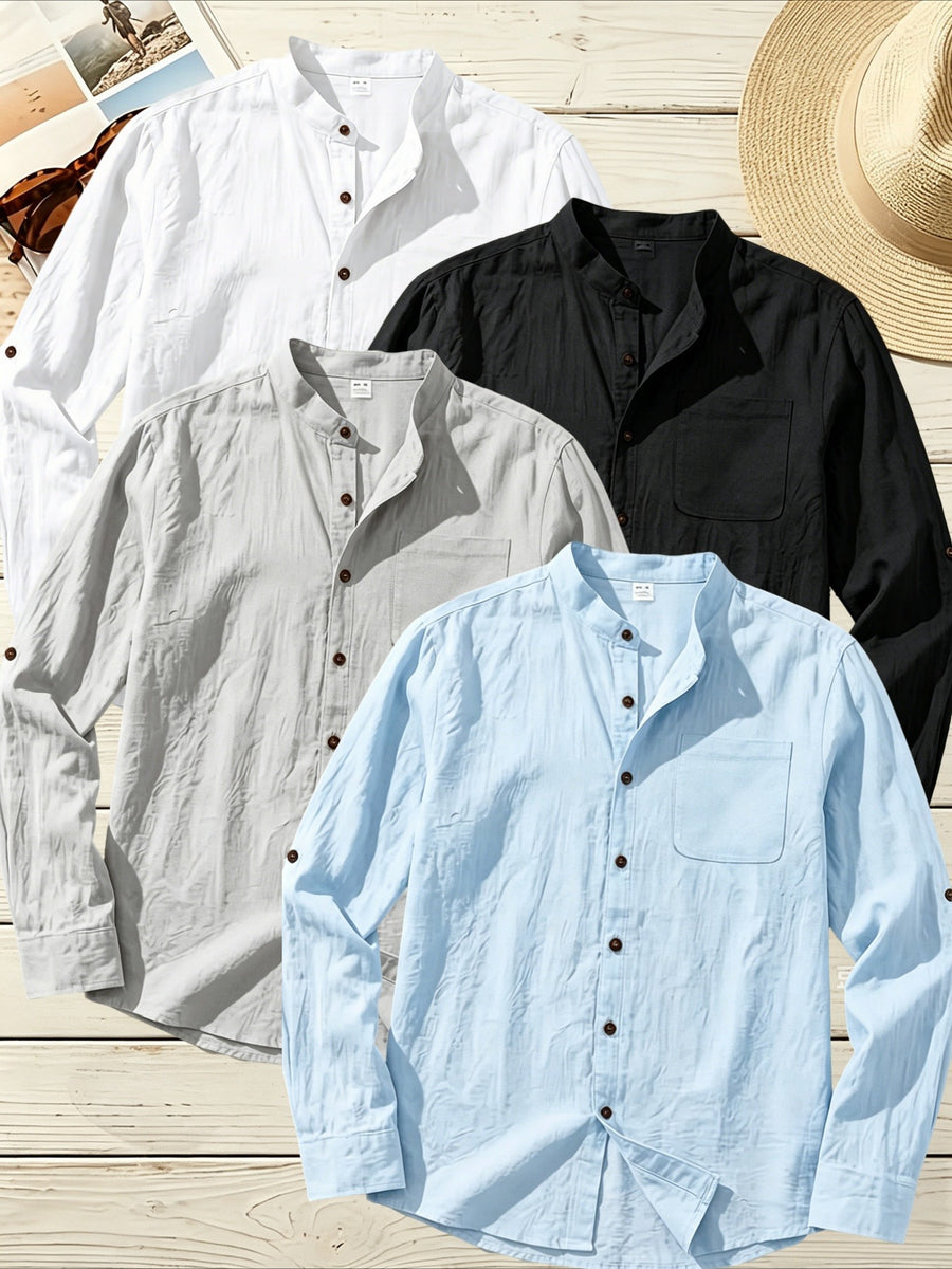 4pcs Men'S Stand Collar Linen Blend Long Sleeve Shirt, Beach Vacation Casual Commute Wear, Breathable Lightweight Relaxed Style Spring Summer Autumn Loose Straight Cut with Roll-Up Cuffs And Chest Pocket, Multi-Color Available - Black+White+Gray+Blue