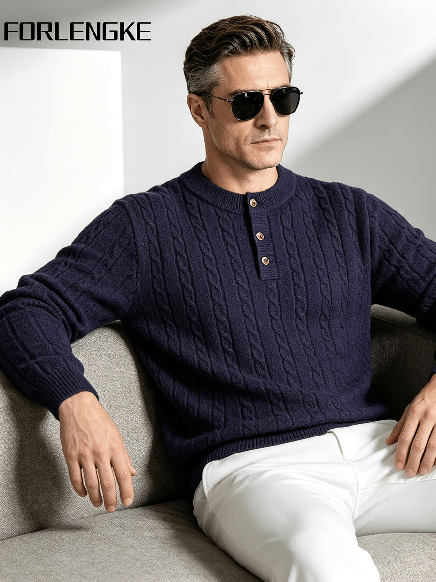 FORLENGKE Men'S Vintage Cable Knit Henley Sweater, Soft Warm Half-Button Pullover for Autumn Winter Daily Business Wear - Navy Color