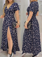 A Casual, Elegant, and Chic New Summer Bohemian-style V-neck Floral Print Dress for Women, Featuring Short Sleeves, a Cinched Waist, and a Side Slit for a Fit. This Long Dress Is Perfect for Vacations, Parties, Outings, and Leisure - Mixed colors