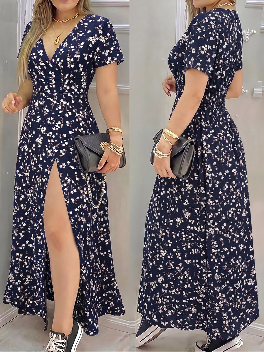 A Casual, Elegant, and Chic New Summer Bohemian-style V-neck Floral Print Dress for Women, Featuring Short Sleeves, a Cinched Waist, and a Side Slit for a Fit. This Long Dress Is Perfect for Vacations, Parties, Outings, and Leisure - Mixed colors