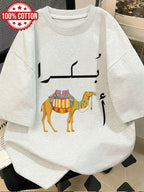 Graphic Print Drop Shoulder T-shirt, Short Sleeve Crew Neck Casual Top for Spring & Summer, Women's Clothing - Light Grey