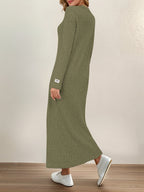 New Women's Round Neck Pullover Long Dress, Suitable for Home Wear, Outerwear, or as a Base Layer, Long Sleeve, Slim Fit, Loose Fit, A-Line, Solid Color, Ribbed, Relaxed Style Long Dress - Army Green