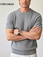 FORLENGKE Men's Summer Relaxed Holiday Style Cable Knit Crew Neck Short Sleeve T-Shirt, Soft Skin-Friendly Wrinkle-Resistant Fabric, Ideal for Summer Seaside Vacations, Market Strolls, Coffee Breaks, Short Road Trips, Friend Gatherings, and Holiday - Light Grey