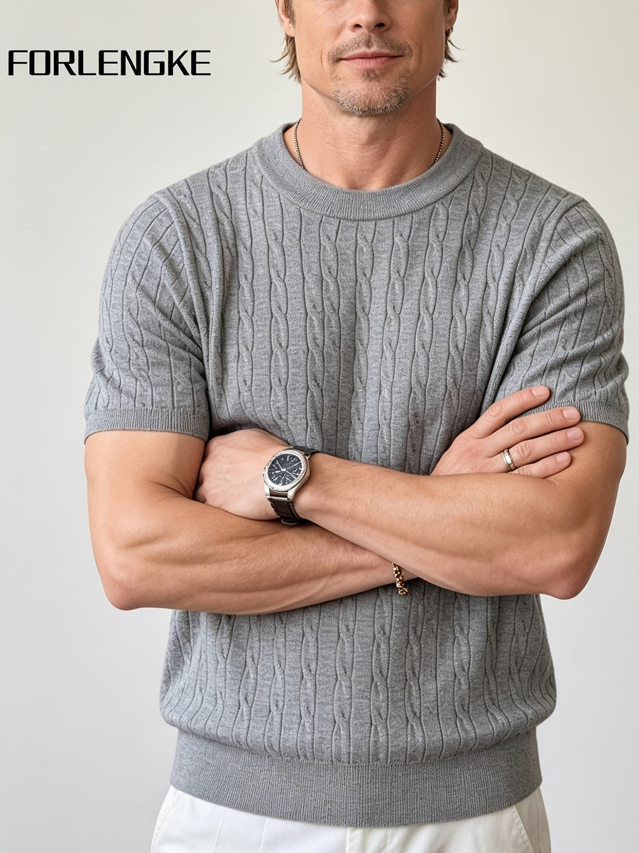 FORLENGKE Men's Summer Relaxed Holiday Style Cable Knit Crew Neck Short Sleeve T-Shirt, Soft Skin-Friendly Wrinkle-Resistant Fabric, Ideal for Summer Seaside Vacations, Market Strolls, Coffee Breaks, Short Road Trips, Friend Gatherings, and Holiday - Light Grey