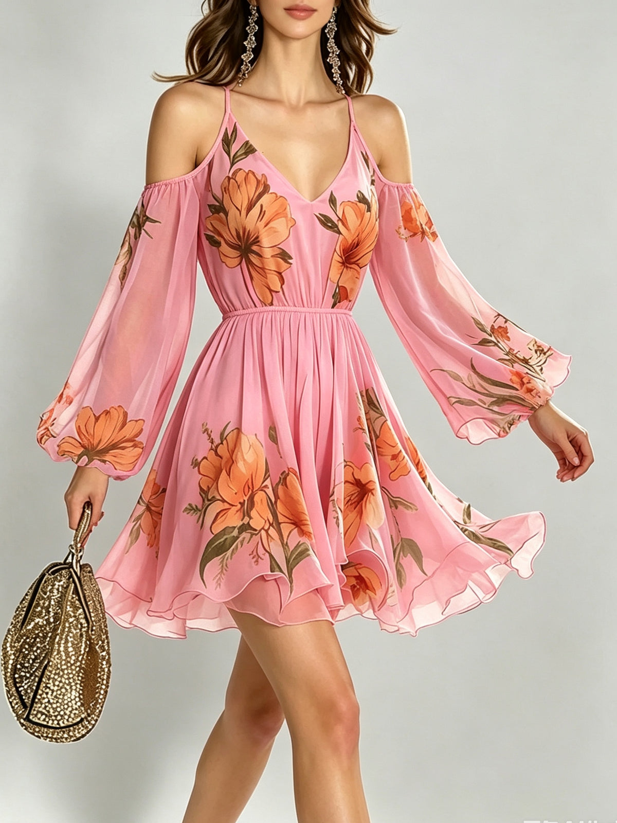 Women's Spring/Summer Casual Elegant Vacation Off-Shoulder V-Neck Printed Flared Sleeve Mini Dress ZLLZ - Pink