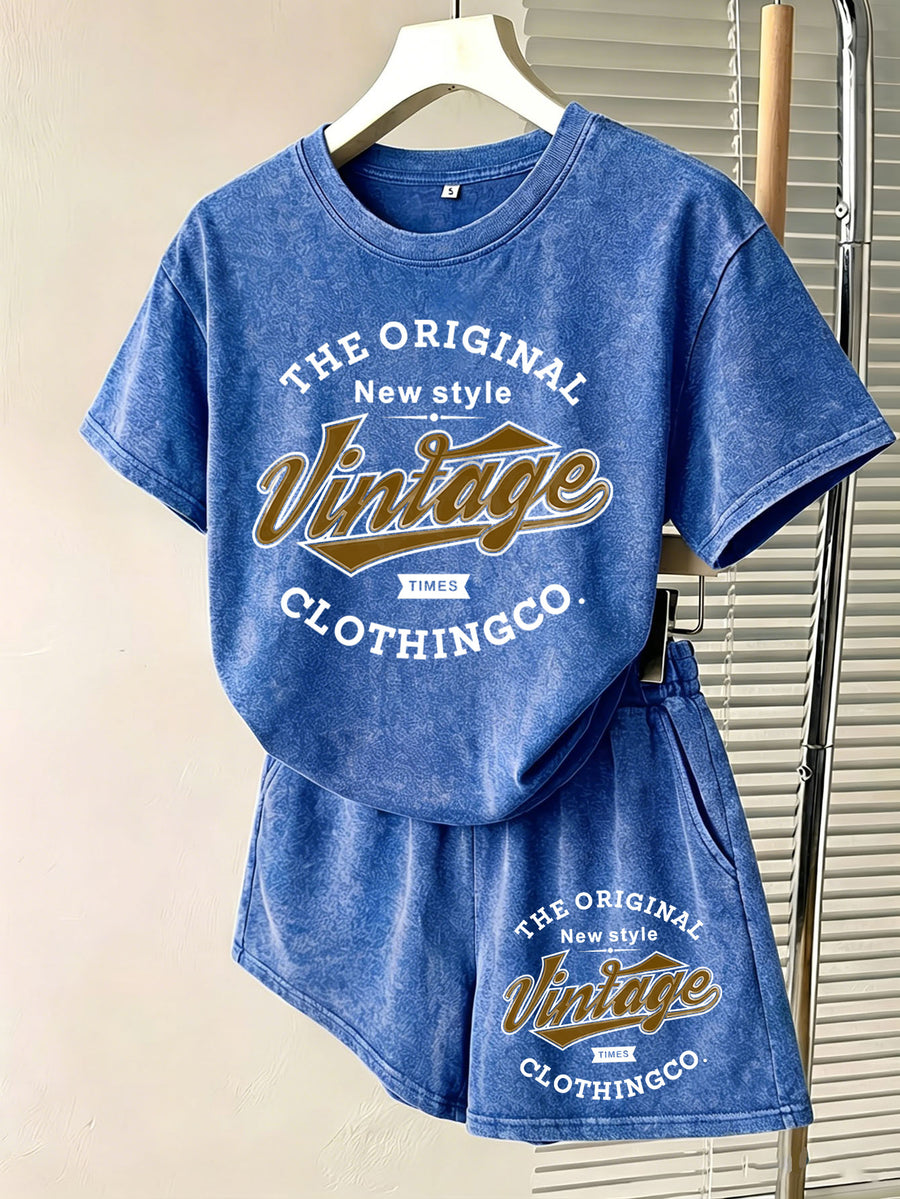 Summer Autumn Fashion Distressed Washed Short Sleeve Shorts with Drawstring Casual Women'S Set, Comfortable for Hot Weather, Classic Silhouette, Relaxed Fit, Casual Home And Outing Two-Piece Set - Royal Blue