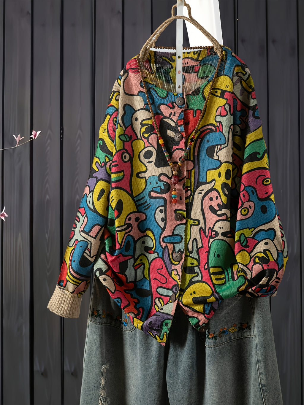 Plus Size - Plus Size - Women'S 3D Floral Print Cardigan - Stylish All-Over Pink Yellow Green Brown Beige Flowers, Round Neck Button Front, Lightweight Four Seasons Layering Piece, Suitable for Casual And Formal Outfits, Cute Top - Multicolor