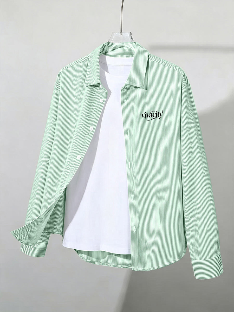 Spring/Autumn Thin All-Match Basic Letter Print Multi-Color Optional Long Sleeve Thin Striped Casual Outerwear Shirt - Light Green