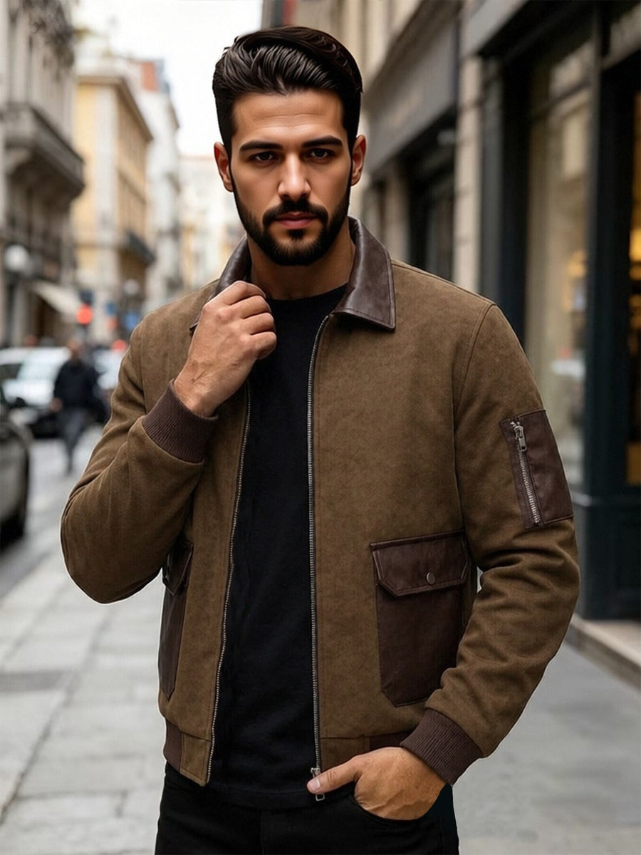 EXARUS American Retro Men'S Lapel Jacket, Patchwork Cargo Zipper Coat, Western Street Trendy Top. Delicate Contrast Color Pockets, Chest Button-Up Pouch And Arm Zippered Sleeve Pockets, Brown And Gray Available, Loose Fit - Light Brown-1