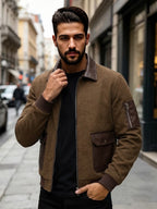 EXARUS American Retro Men'S Lapel Jacket, Patchwork Cargo Zipper Coat, Western Street Trendy Top. Delicate Contrast Color Pockets, Chest Button-Up Pouch And Arm Zippered Sleeve Pockets, Brown And Gray Available, Loose Fit - Light Brown-1