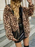 Women's Elegant Leopard Print Hooded Faux Fur Coat - Long Sleeve, Zip-Up, Drop Shoulder, Soft Polyester for Fall/Winter Stylish Outerwear, Casual Stylish Coat | Oversized Hooded Coat | Faux Fur Polyester - Khaki