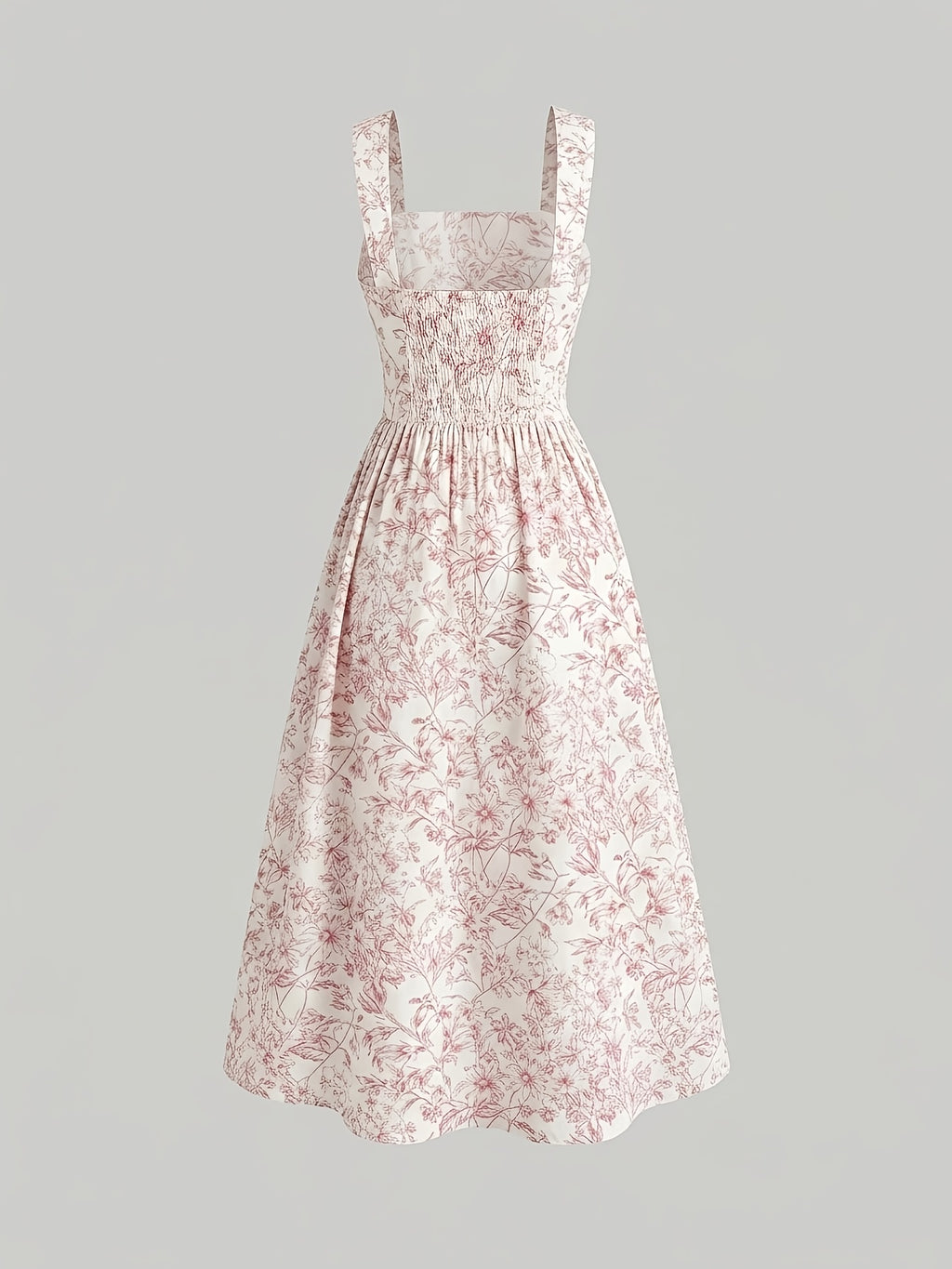Women's Spring/Summer Romantic Floral Print Waist-Cinching Elegant Thick Spaghetti Suspender Dress for Vacation and Dates - Pink